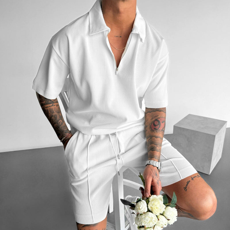 Summer Fashion Mens Clothing Men's Suits New Zipper Polo Casual Short Sleeve Drawstring Shorts Men's Set