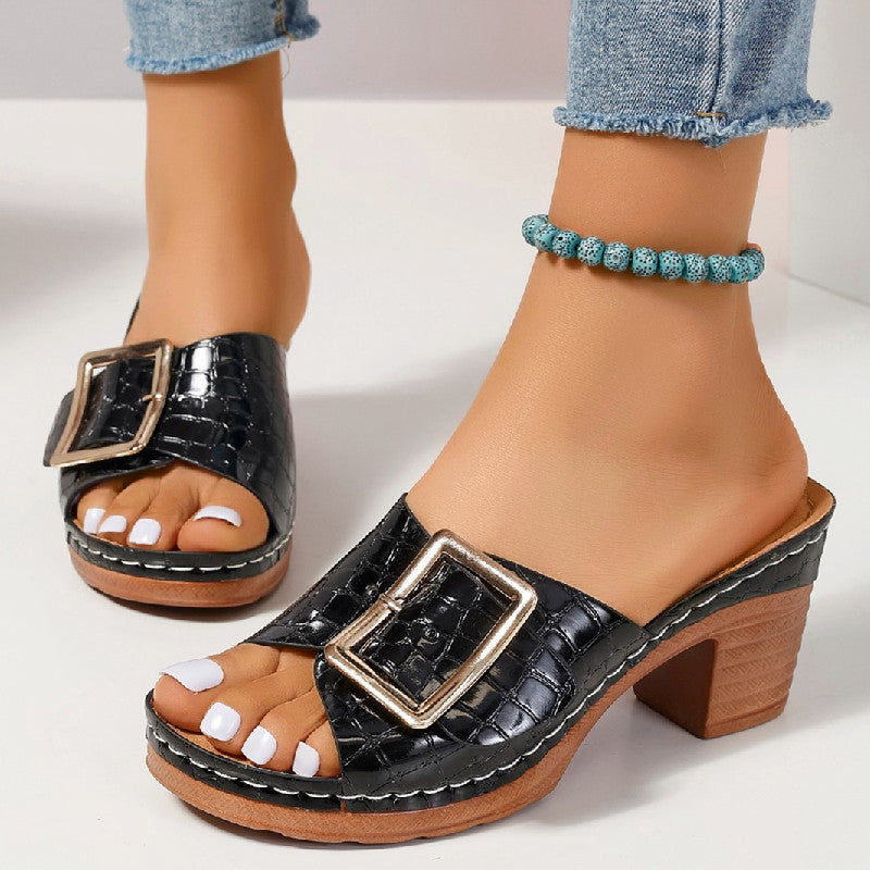 Fashion Square Buckle Chunky Heel Women's Peep-toe Slippers