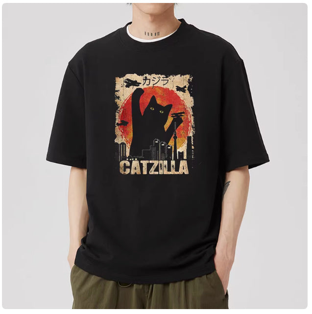 Men's Casual Japanese Pure Cotton Cat Pattern Short Sleeved Shirt