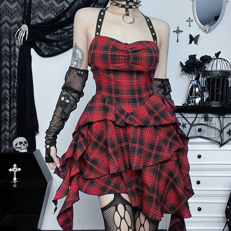 Red Plaid Irregular Halter Dress Women
