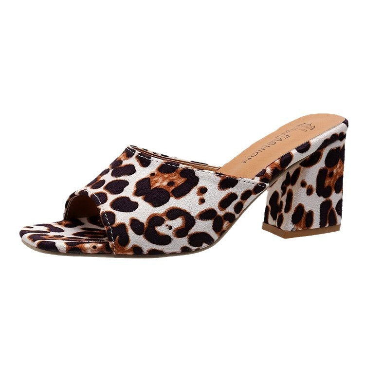 Plus Size High Heel Slippers Women's Square Toe Chunky Heel Leopard Sandals