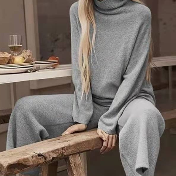 Long Sleeve Wide Leg Pants Fashion Loose High Collar Knit Casual Two-piece Set