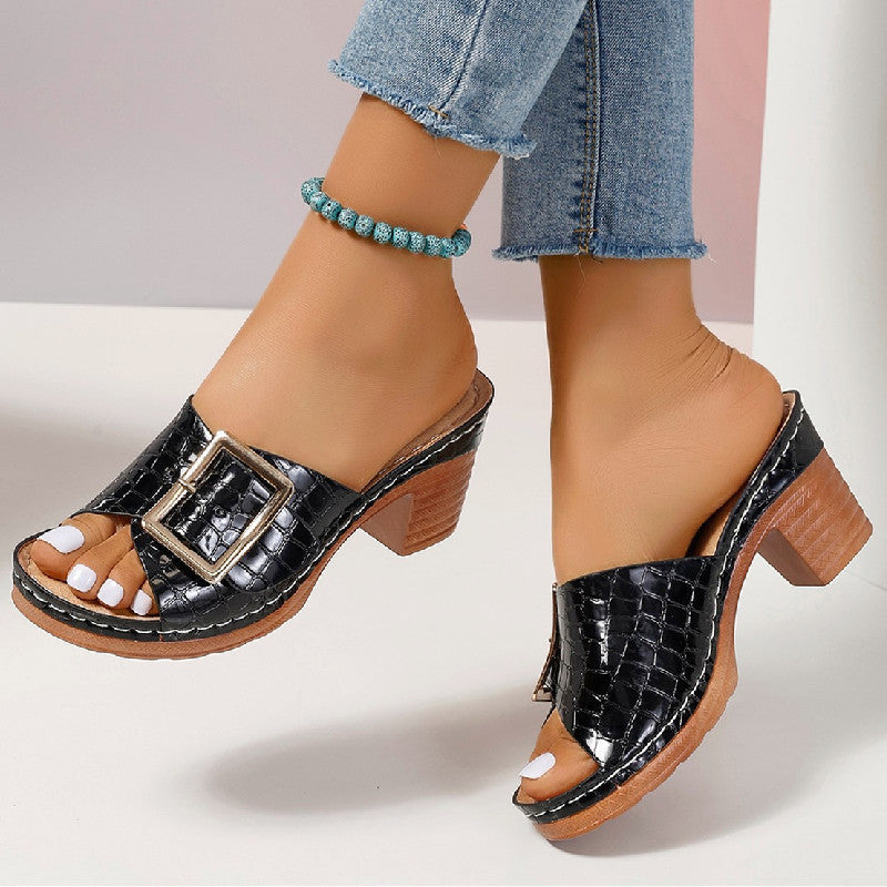 Fashion Square Buckle Chunky Heel Women's Peep-toe Slippers