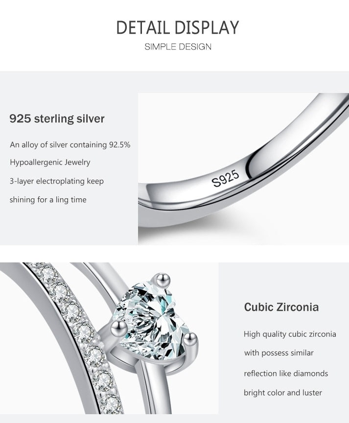 S925 Loving Heart In Sterling Silver Zircon Ring Light Luxury