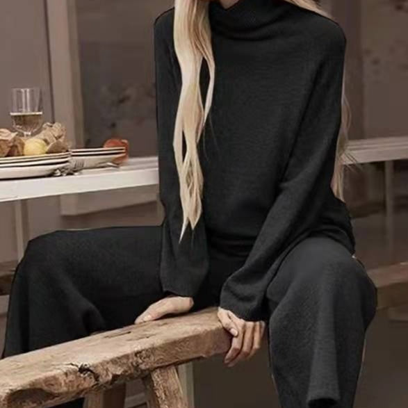 Long Sleeve Wide Leg Pants Fashion Loose High Collar Knit Casual Two-piece Set