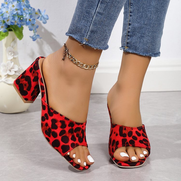 Plus Size High Heel Slippers Women's Square Toe Chunky Heel Leopard Sandals