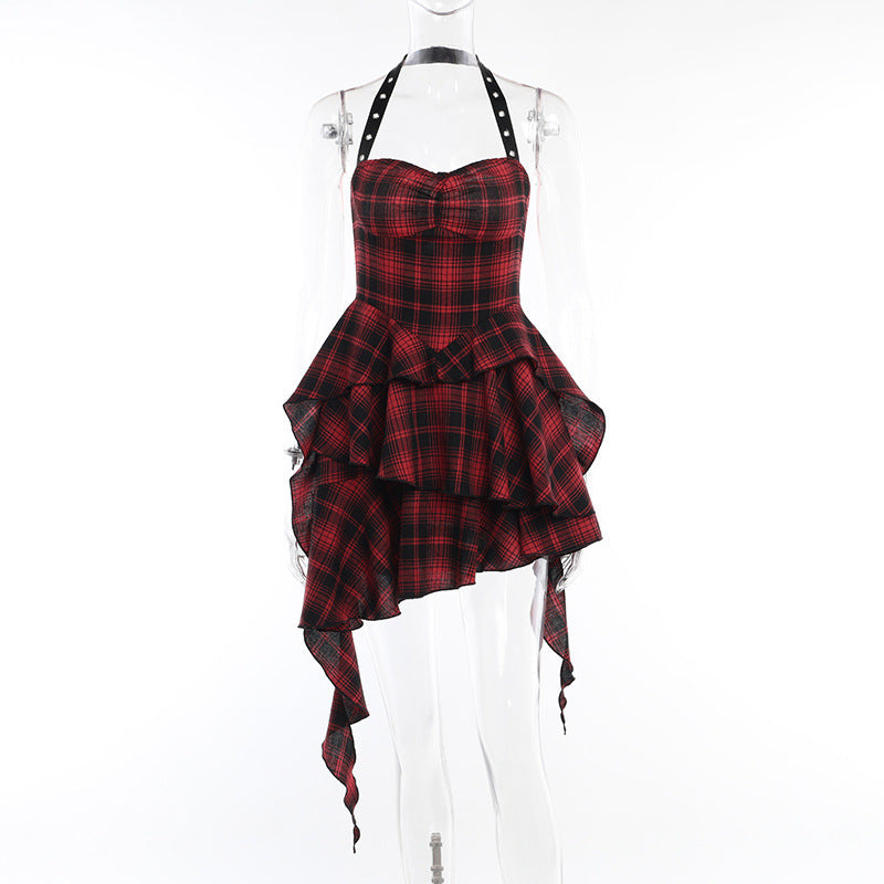 Red Plaid Irregular Halter Dress Women