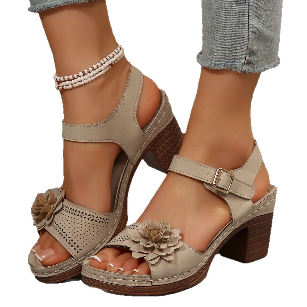Women's Chunky Heel Plus Size Flower Decorative Wedge Platform Sandals