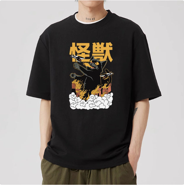 Men's Casual Japanese Pure Cotton Cat Pattern Short Sleeved Shirt