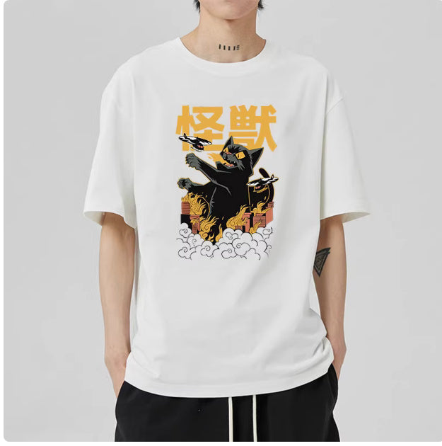 Men's Casual Japanese Pure Cotton Cat Pattern Short Sleeved Shirt