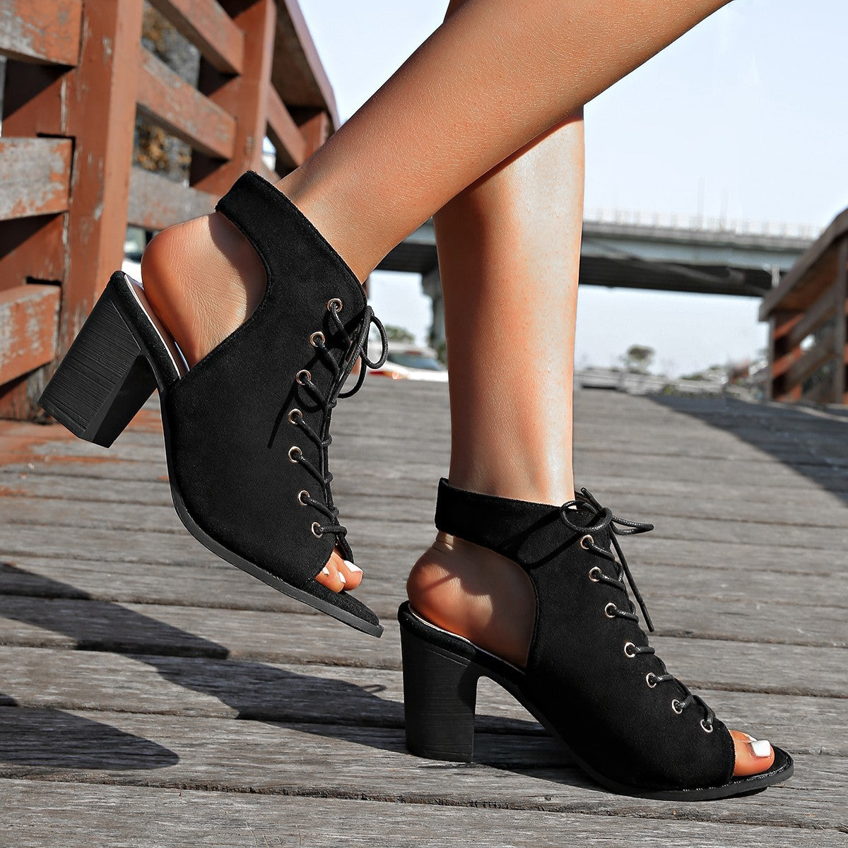 Peep Toe Cross Strap Chunky Heel Women Martin Sandal Boots