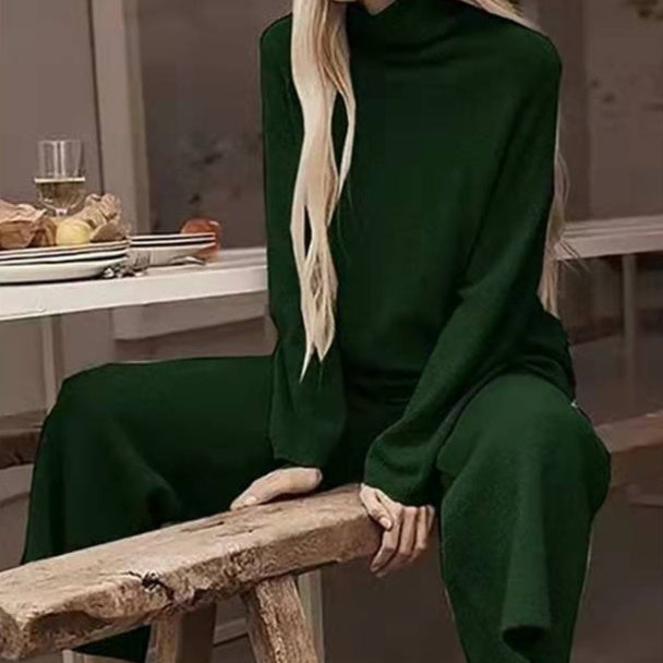 Long Sleeve Wide Leg Pants Fashion Loose High Collar Knit Casual Two-piece Set