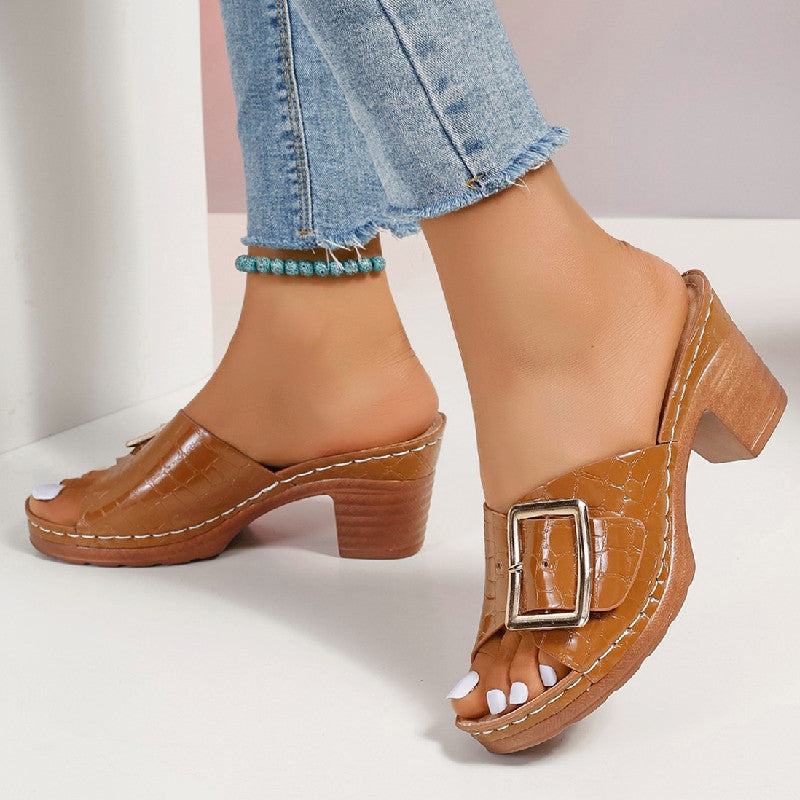 Fashion Square Buckle Chunky Heel Women's Peep-toe Slippers