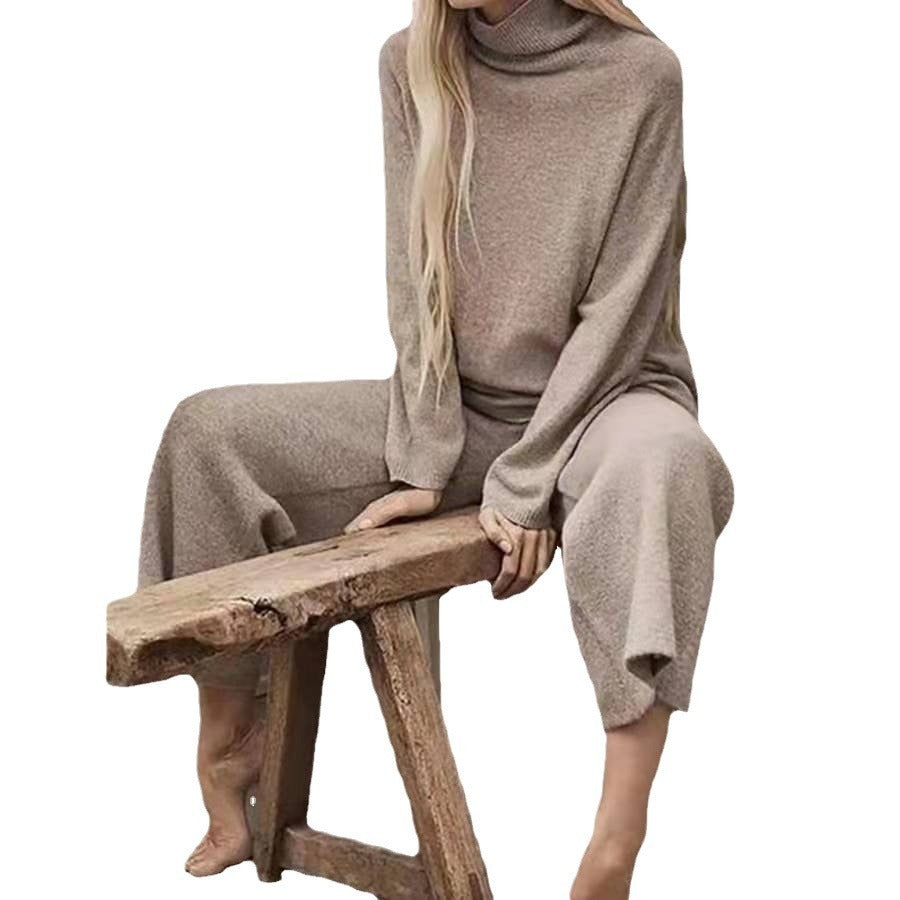 Long Sleeve Wide Leg Pants Fashion Loose High Collar Knit Casual Two-piece Set