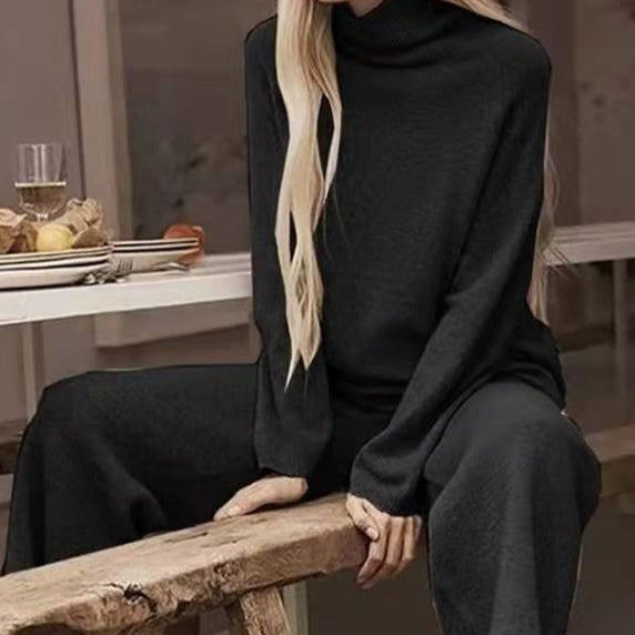 Long Sleeve Wide Leg Pants Fashion Loose High Collar Knit Casual Two-piece Set